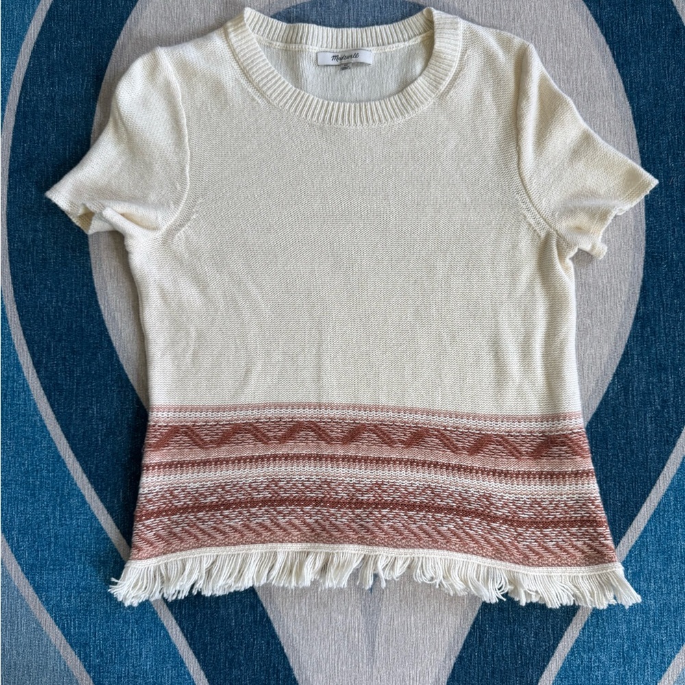 Madewell Cream and Rust Short Sleeve Sweater with Fringe